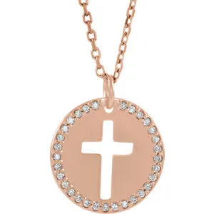 14K Rose .07 CTW Diamond Pierced Cross Disc 18" Necklace