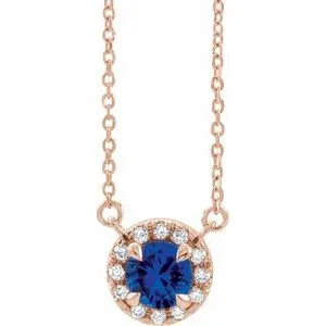 14K Rose 4 mm Natural Blue Sapphire & .05 CTW Natural Diamond 18" Necklace