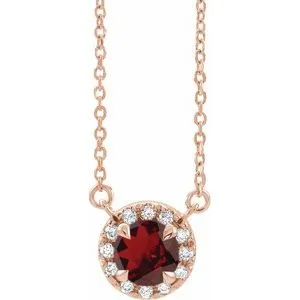 14K Rose 4 mm Natural Mozambique Garnet & .05 CTW Natural Diamond 18" Necklace