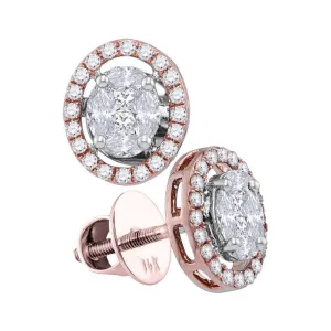 14K Rose Gold Marquise Diamond Oval Frame Cluster Stud Earrings 7/8 Cttw