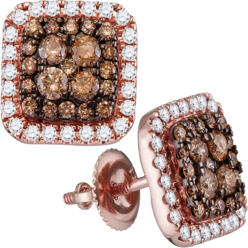 14K Rose Gold Round Brown Diamond Square Frame Cluster Earrings 1.00 Cttw