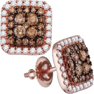 14K Rose Gold Round Brown Diamond Square Frame Cluster Earrings 1.00 Cttw