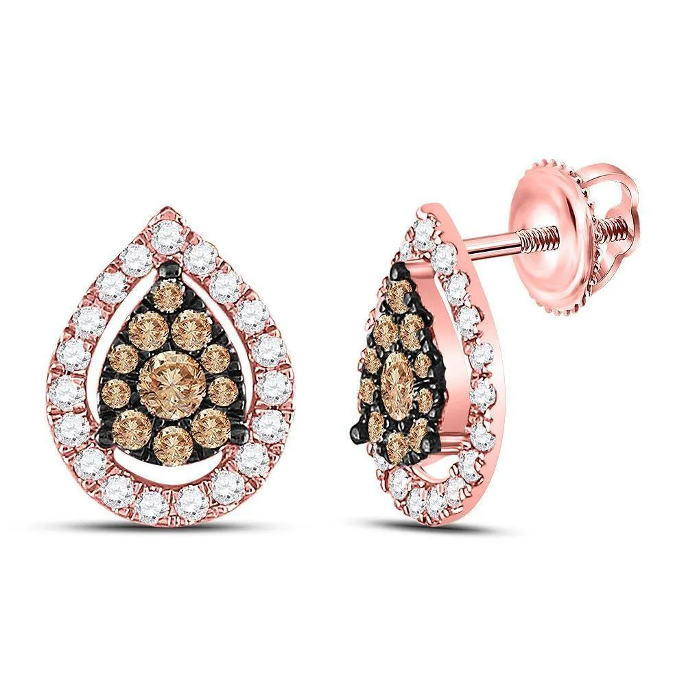 14K Rose Gold Round Brown Diamond Teardrop Cluster Earrings 3/4 Cttw