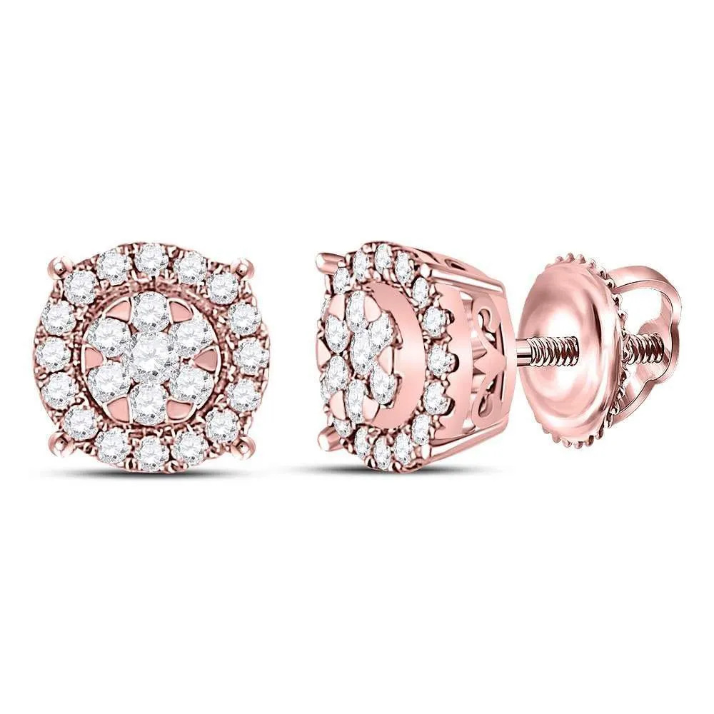 14K Rose Gold Round Diamond Circle Cluster Earrings 1/4 Cttw