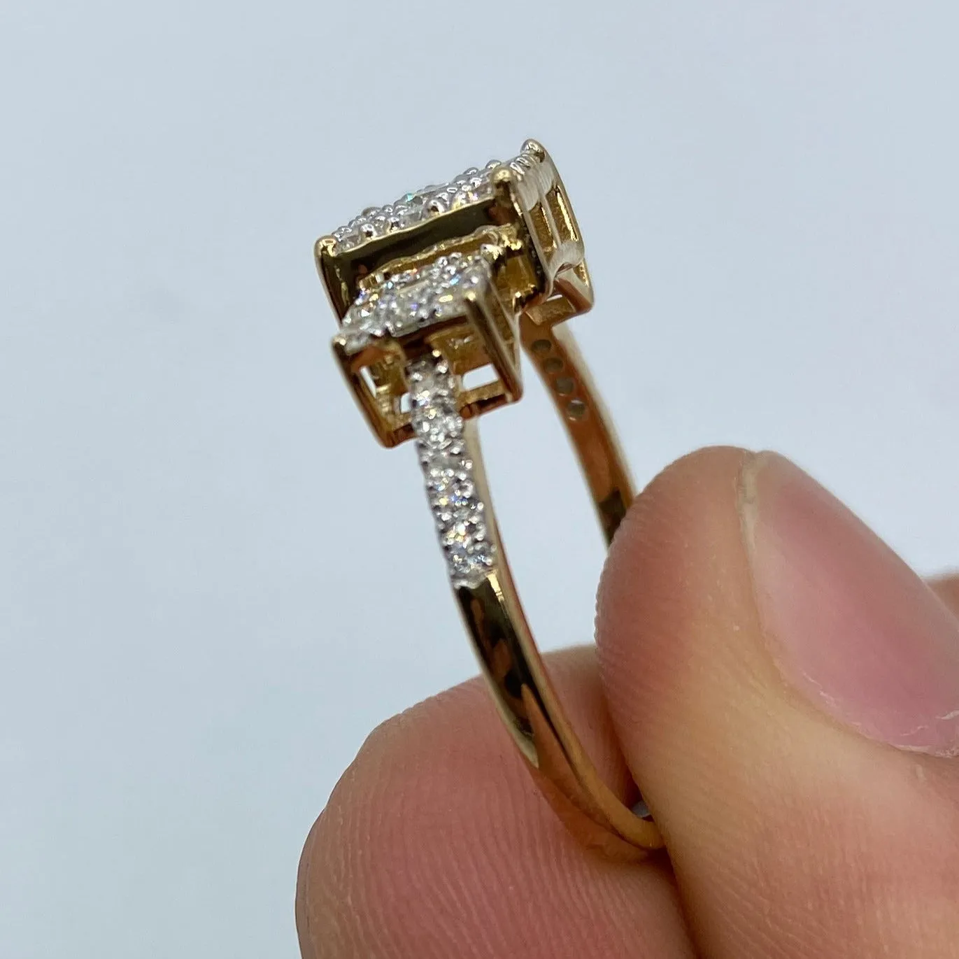14K Tri-stone Square Cluster Diamond Engagement Ring
