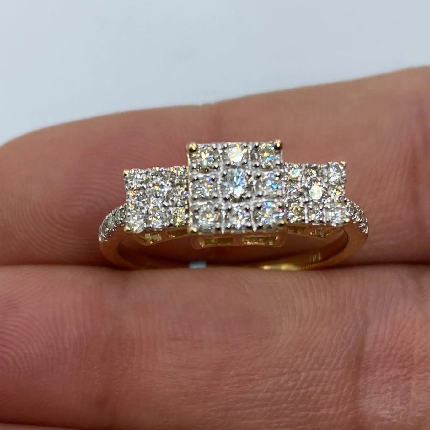 14K Tri-stone Square Cluster Diamond Engagement Ring