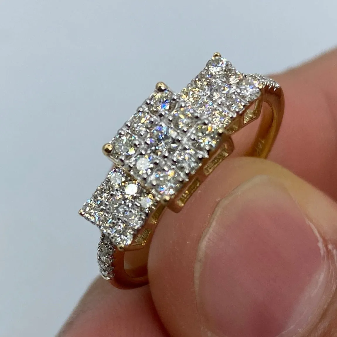 14K Tri-stone Square Cluster Diamond Engagement Ring