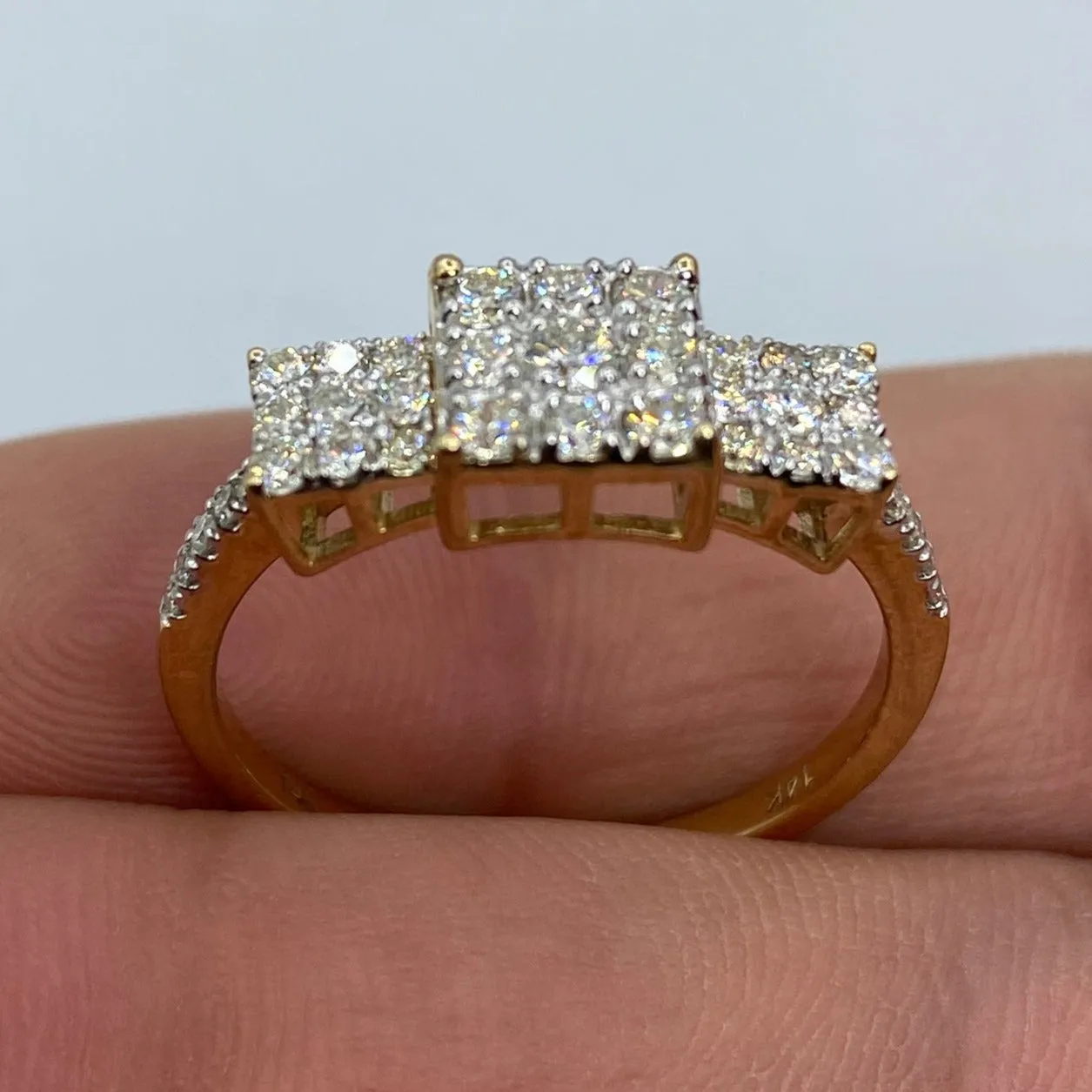 14K Tri-stone Square Cluster Diamond Engagement Ring