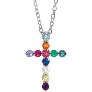 14K White 14.6x10.5 mm .03 CT Multi-Stone Cross 16-18" Necklace