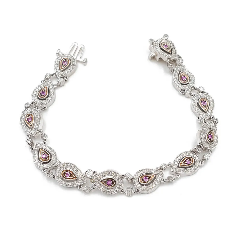 14K White and Rose Gold Pink Sapphire and Diamond Tennis Bracelet
