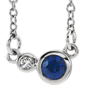 14K White Chatham® Created Blue Sapphire & .02 CTW Diamond 16" Necklace