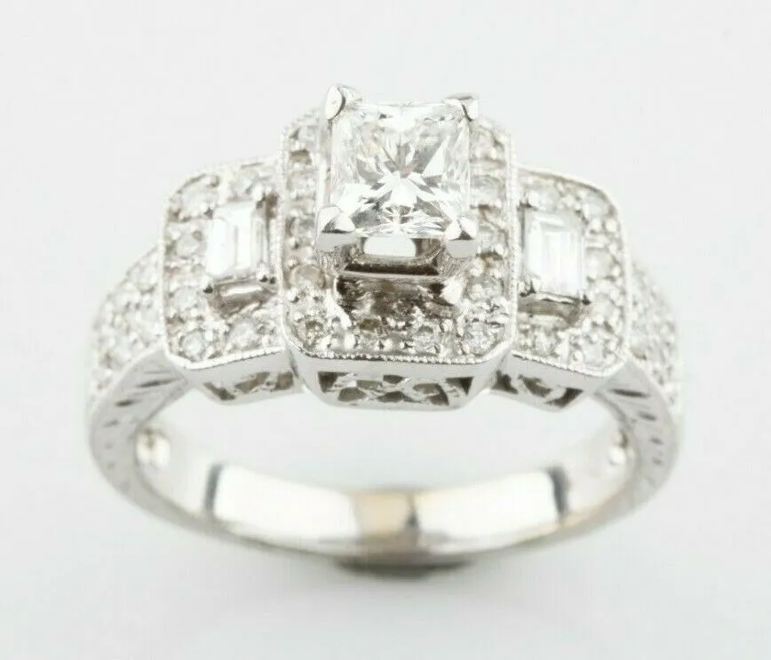 14k White Gold 0.50 ct Diamond Solitaire Ring w/ Accent Stones Size 6.75