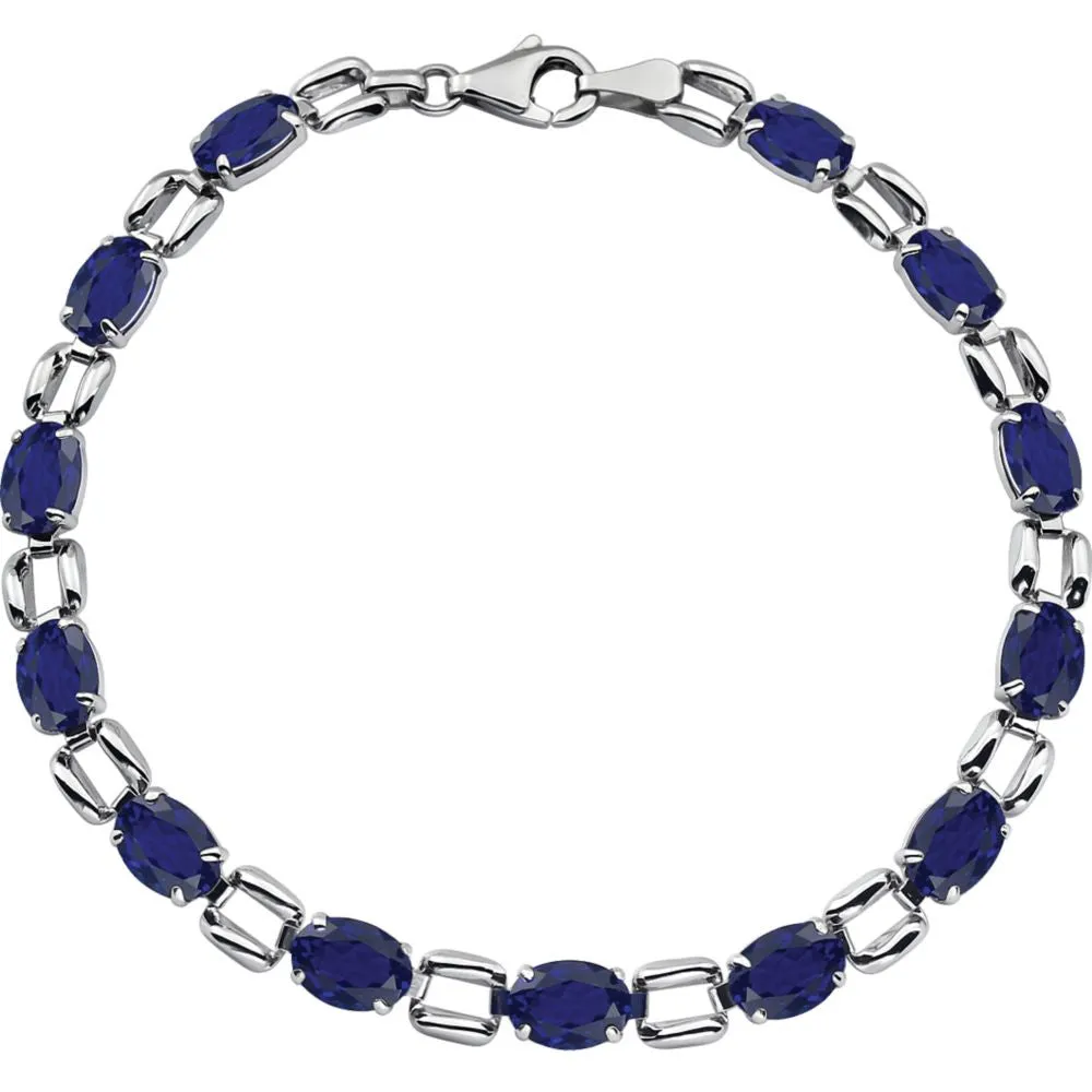 14k White Gold 7x5mm Oval Lab-Grown Blue Sapphire 7" Bracelet