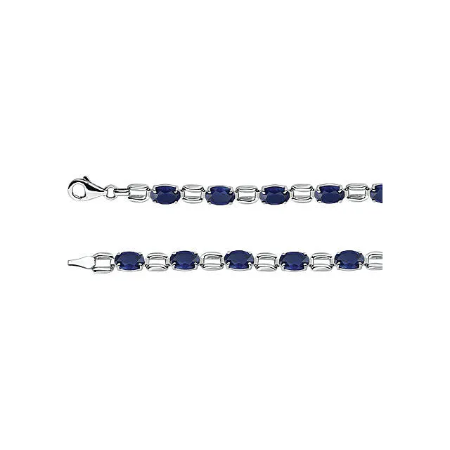 14k White Gold 7x5mm Oval Lab-Grown Blue Sapphire 7" Bracelet