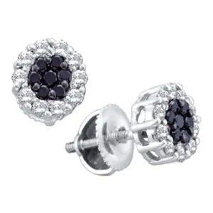 14k White Gold Black Color Enhanced Diamond Flower Cluster Screwback Stud Earrings 1/2 Cttw