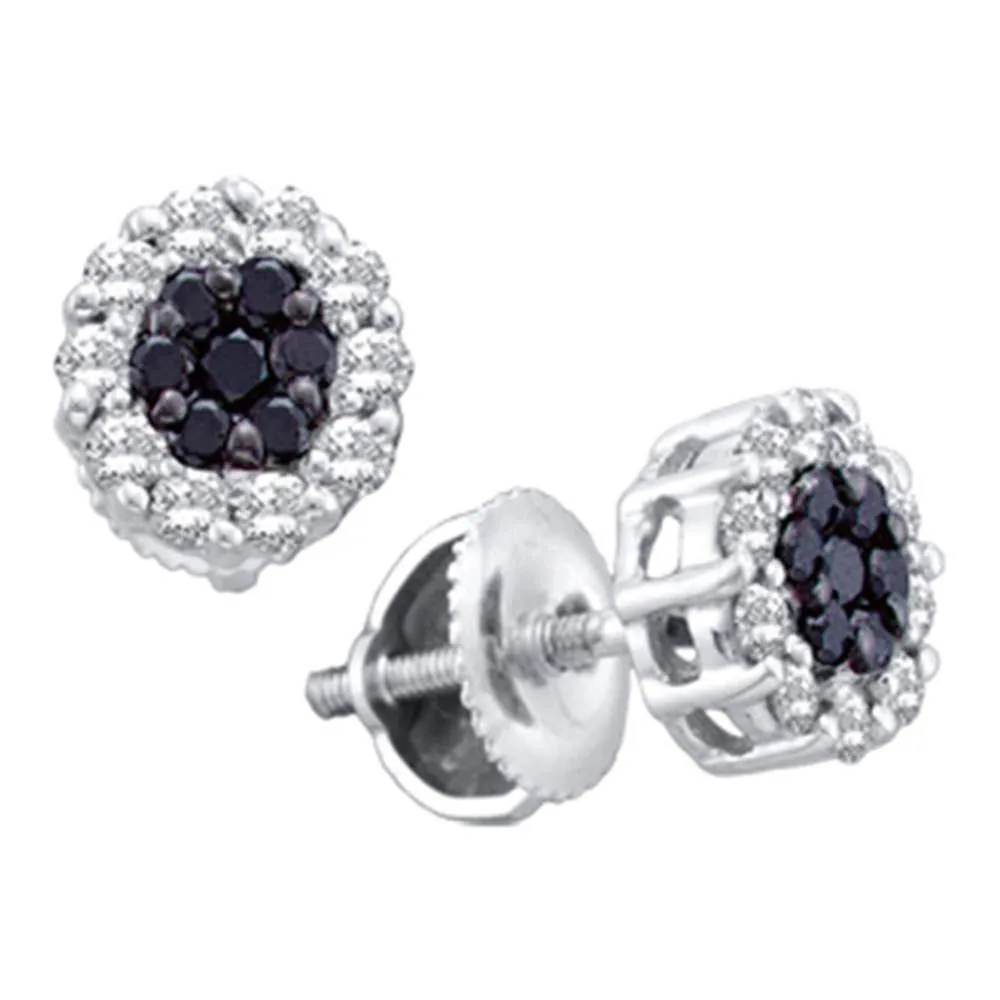 14k White Gold Black Color Enhanced Diamond Flower Cluster Screwback Stud Earrings 1/2 Cttw