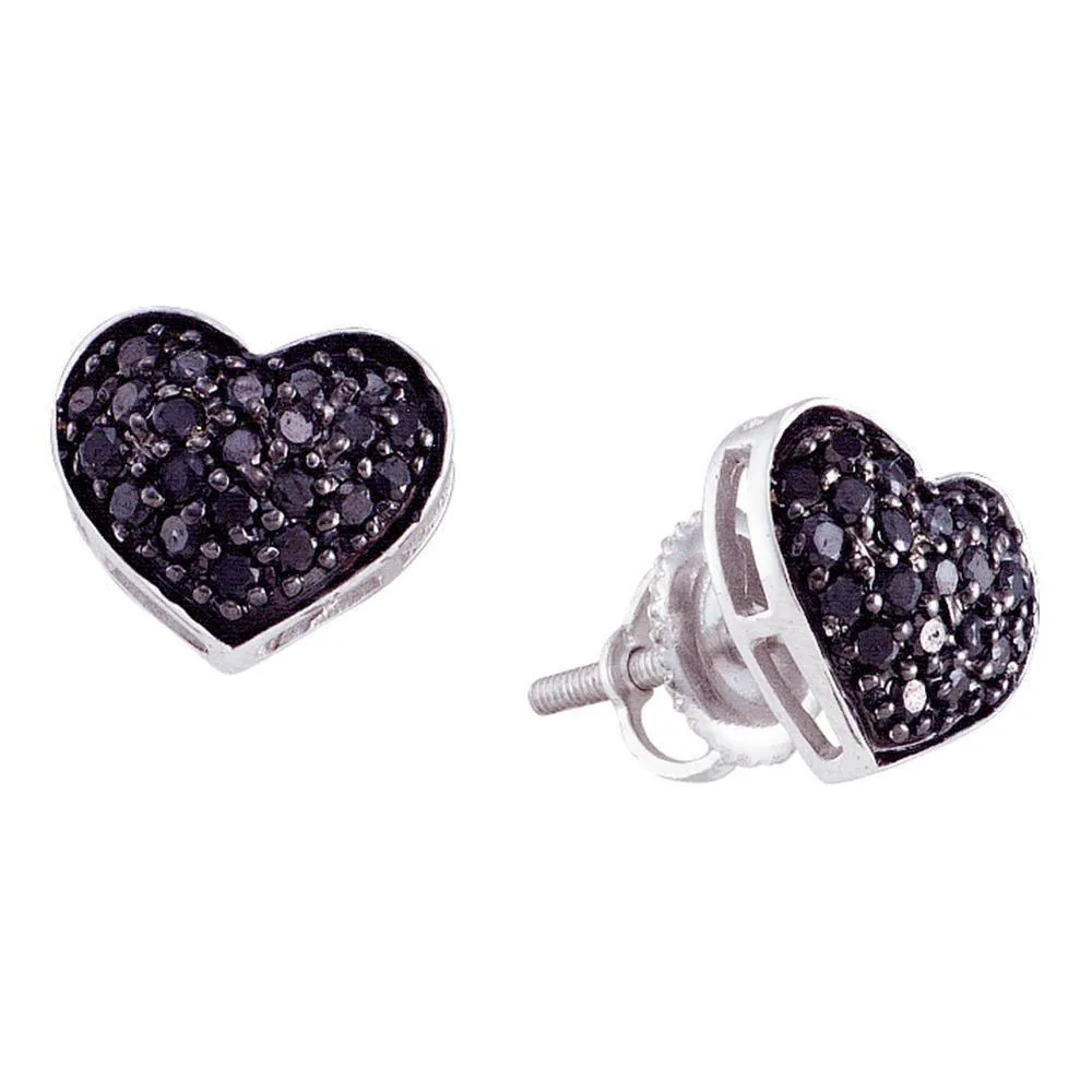 14k White Gold Black Color Enhanced Diamond Pave Cluster Screwback Stud Heart Earrings 3/8 Cttw