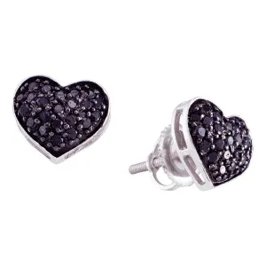 14k White Gold Black Color Enhanced Diamond Pave Cluster Screwback Stud Heart Earrings 3/8 Cttw