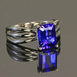 14K White Gold Emerald Cut Blue Violet Tanzanite Ring 2.68 Carats