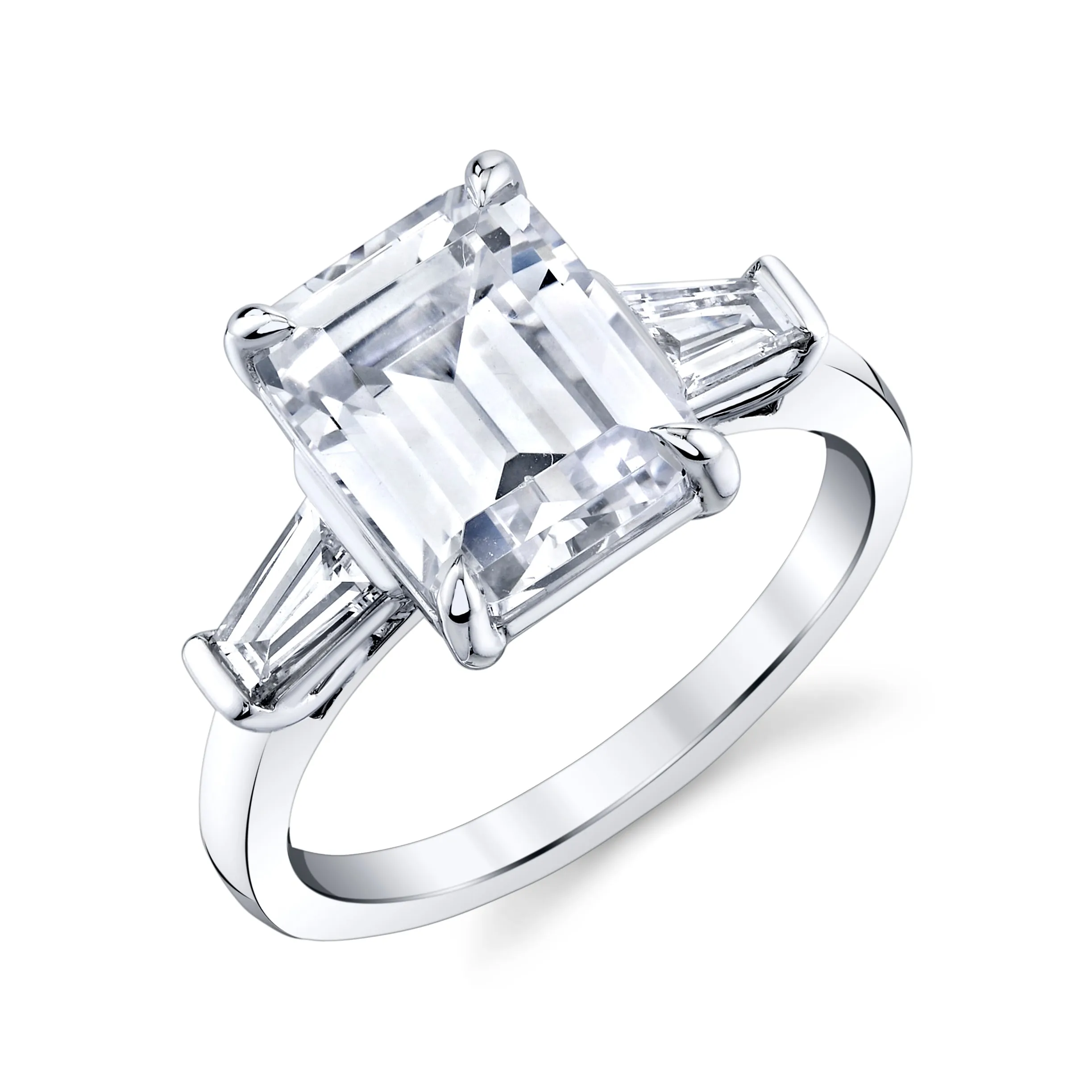 14K White Gold Emerald Cut Diamond Engagement Ring With Tapered Baguette Accent Diamonds (2.95ctw)