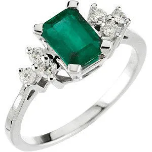 14k White Gold Genuine Emerald & Diamond Ring, Size 6