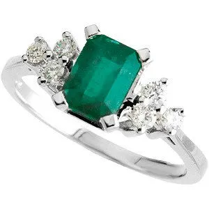 14k White Gold Genuine Emerald & Diamond Ring, Size 6