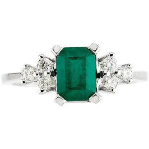 14k White Gold Genuine Emerald & Diamond Ring, Size 6