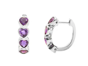14k White Gold Heart Amethyst Huggie Earrings