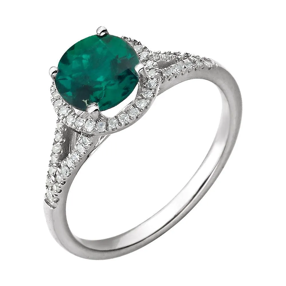 14k White Gold Lab Created Emerald & 1/6 CTW Diamond Ring, Size 7