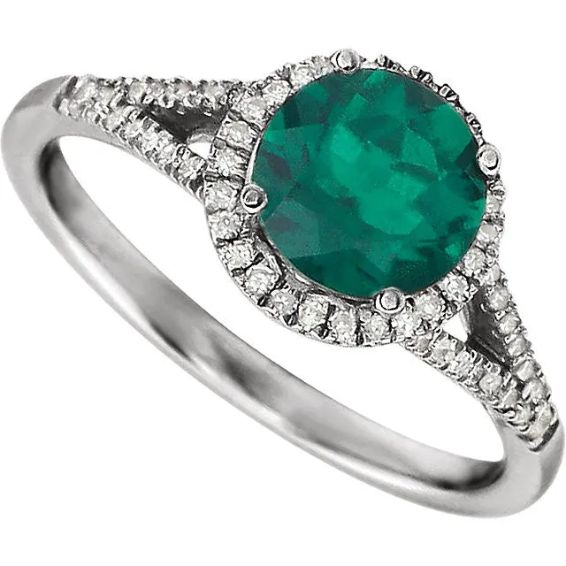 14k White Gold Lab Created Emerald & 1/6 CTW Diamond Ring, Size 7