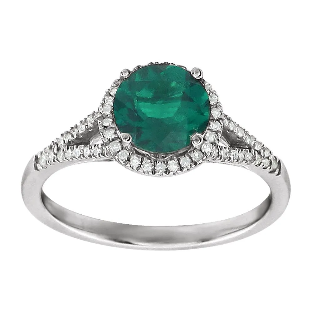 14k White Gold Lab Created Emerald & 1/6 CTW Diamond Ring, Size 7