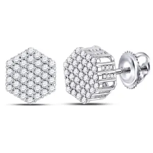 14K White Gold Mens Round Diamond Hexagon Cluster Stud Earrings 1.00 Cttw