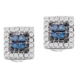 14K White Gold Princess Blue Color Enhanced Diamond Cluster Earrings 1/3 Cttw