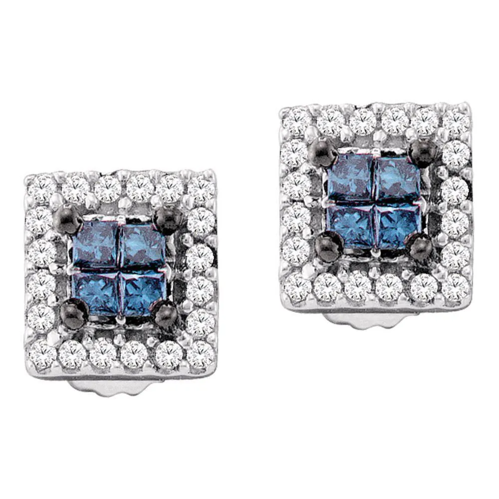 14K White Gold Princess Blue Color Enhanced Diamond Cluster Earrings 1/3 Cttw