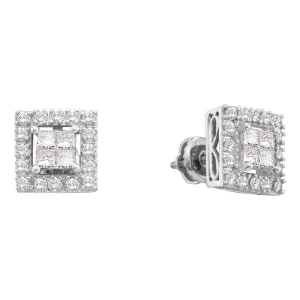 14K White Gold Princess Diamond Framed Square Cluster Screwback Earrings 3/4 Cttw