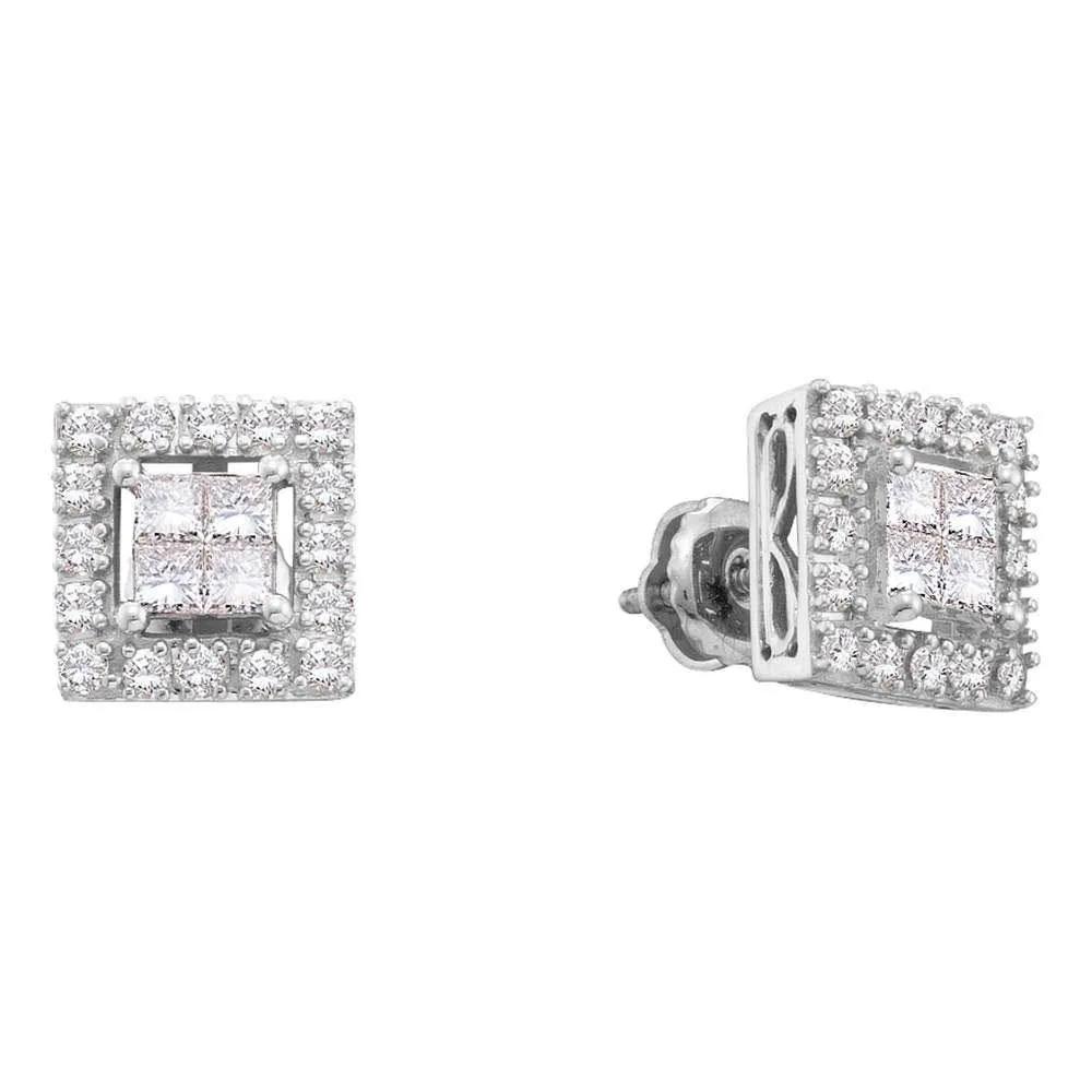 14K White Gold Princess Diamond Framed Square Cluster Screwback Earrings 3/4 Cttw