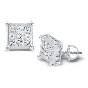 14K White Gold Princess Diamond Square Cluster Stud Earrings 3/4 Cttw