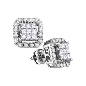 14K White Gold Princess Diamond Square Frame Cluster Stud Earrings 1.00 Cttw