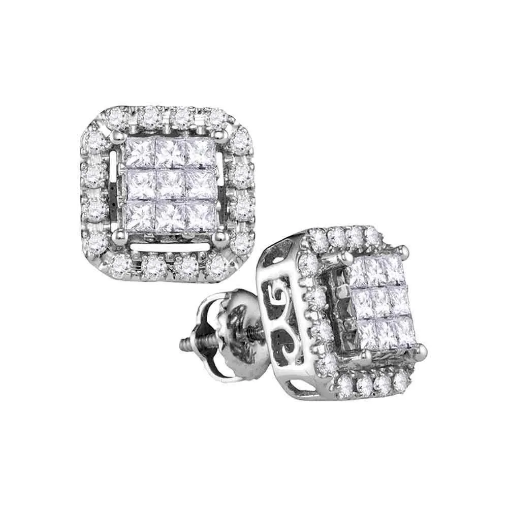 14K White Gold Princess Diamond Square Frame Cluster Stud Earrings 1.00 Cttw