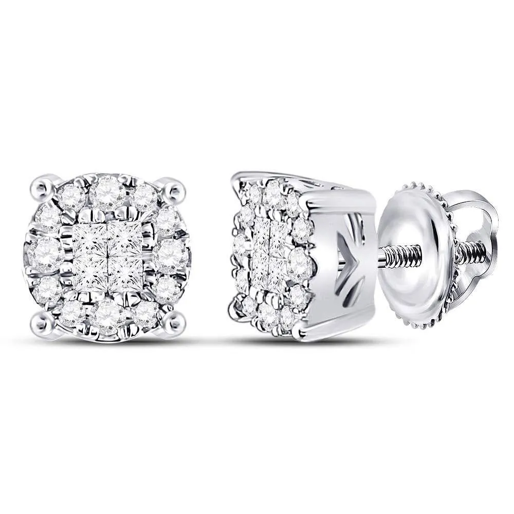 14K White Gold Princess Round Diamond Soleil Cluster Earrings 1/4 Cttw