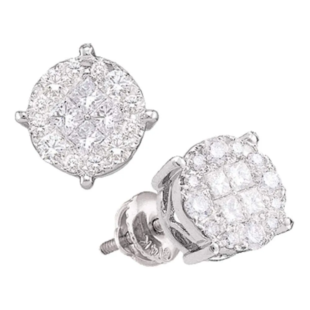 14K White Gold Princess Round Diamond Soleil Cluster Earrings 2.00 Cttw