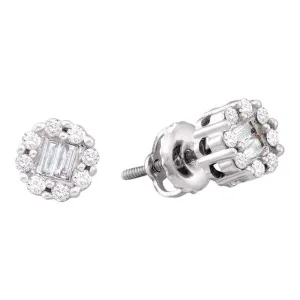 14K White Gold Round Baguette Diamond Cluster Screwback Stud Earrings 1/4 Cttw