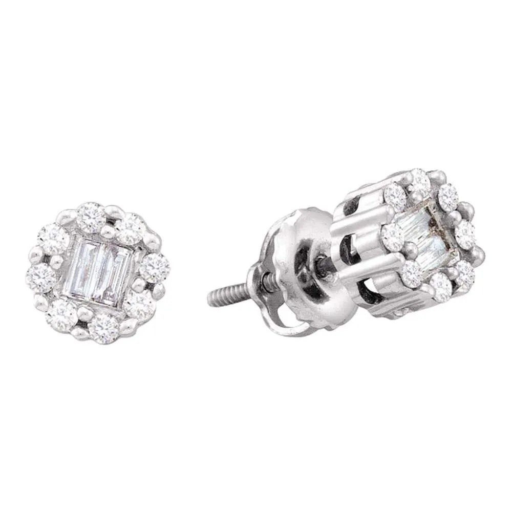 14K White Gold Round Baguette Diamond Cluster Screwback Stud Earrings 1/4 Cttw