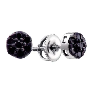 14K White Gold Round Black Color Enhanced Diamond Flower Cluster Earrings 3/8 Cttw