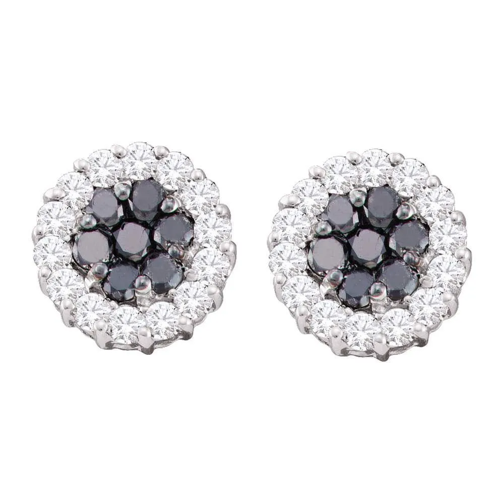 14K White Gold Round Black Color Enhanced Diamond Flower Cluster Screwback Earrings 3/4 Cttw