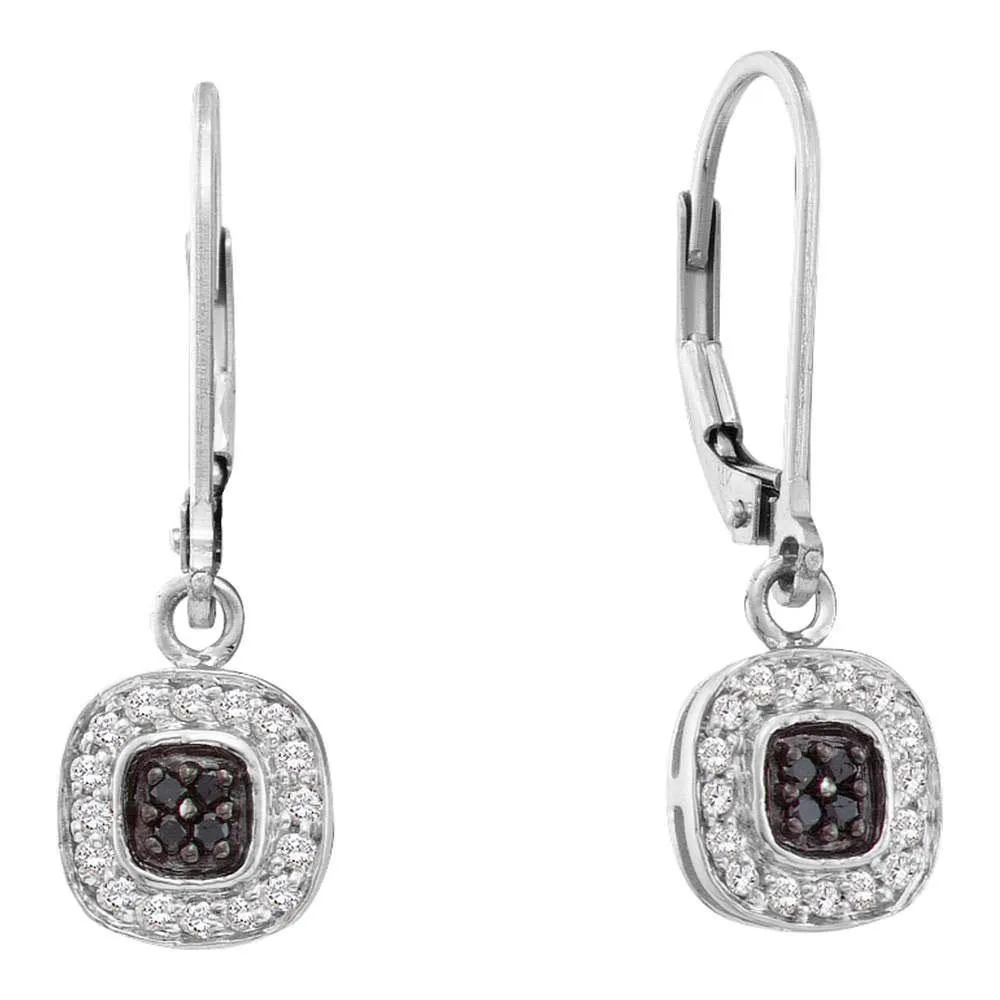 14K White Gold Round Black Color Enhanced Diamond Square Cluster Dangle Earrings 1/4 Cttw
