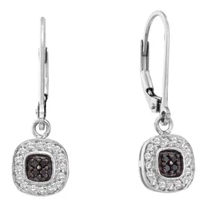 14K White Gold Round Black Color Enhanced Diamond Square Cluster Dangle Earrings 1/4 Cttw