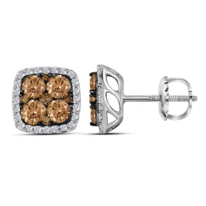 14K White Gold Round Brown Color Enhanced Diamond Square Cluster Earrings 2.00 Cttw