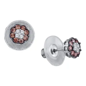 14K White Gold Round Cognac-brown Color Enhanced Diamond Cluster Earrings 1.00 Cttw