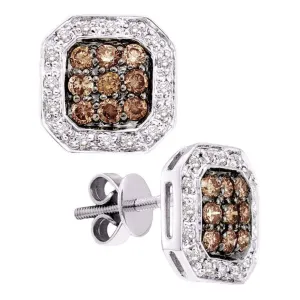 14K White Gold Round Cognac-brown Color Enhanced Diamond Square Cluster Stud Earrings 3/4 Cttw
